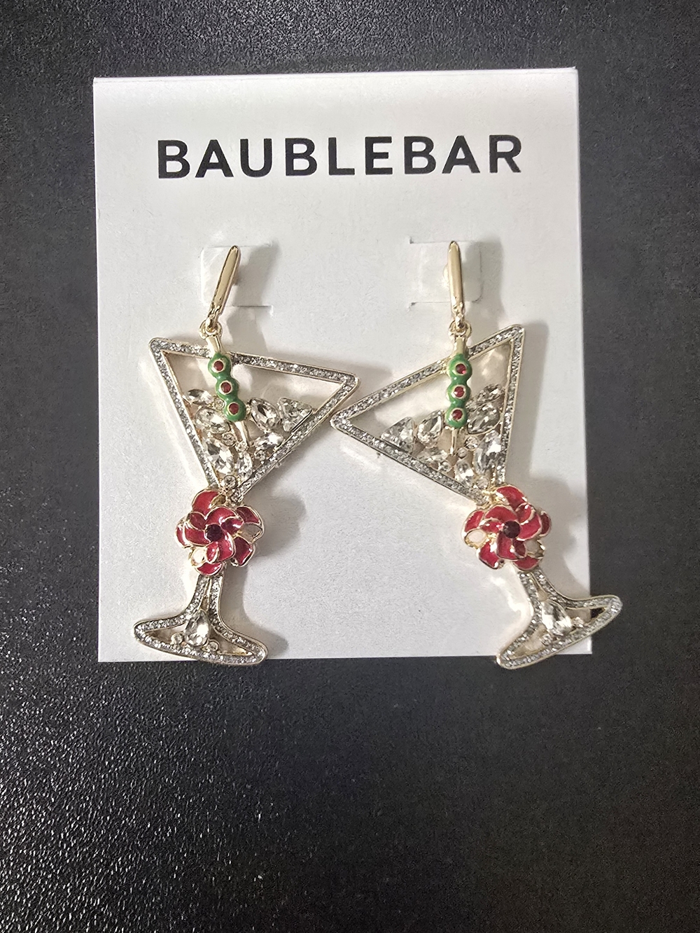 BaubleBar Gold Martini Glass Earrings with Red Flower and Green Olive Accents